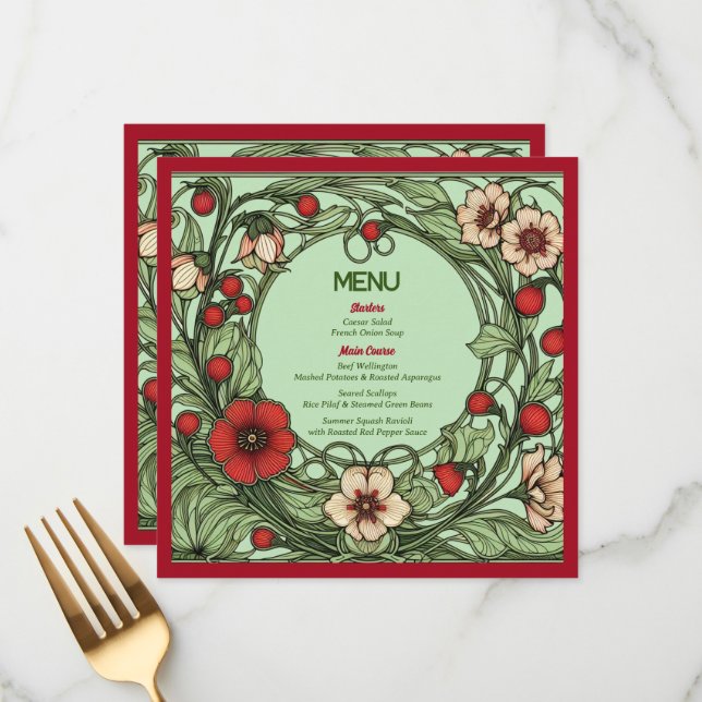 Vintage Garden Art Nouveau Wedding Menu (Front/Back In Situ)