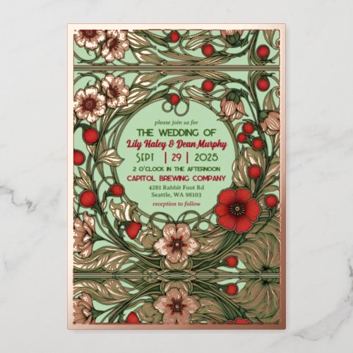 Vintage Garden Art Nouveau Wedding Rose Gold Foil Invitation