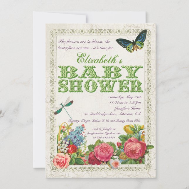 Vintage Garden Baby Shower Invitation - Green (Front)