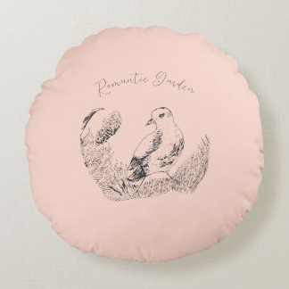 Vintage Garden Bird – Black-White Botanical Art Round Pillow