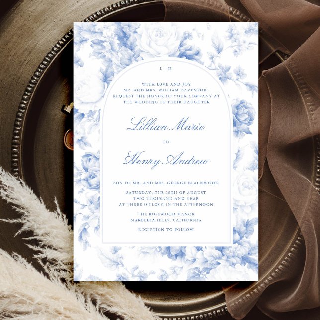 Vintage Garden Blue Toile Arch Classic Wedding Invitation (vintage garden wedding invitation blue toile arch french floral botanical old money formal tradition)