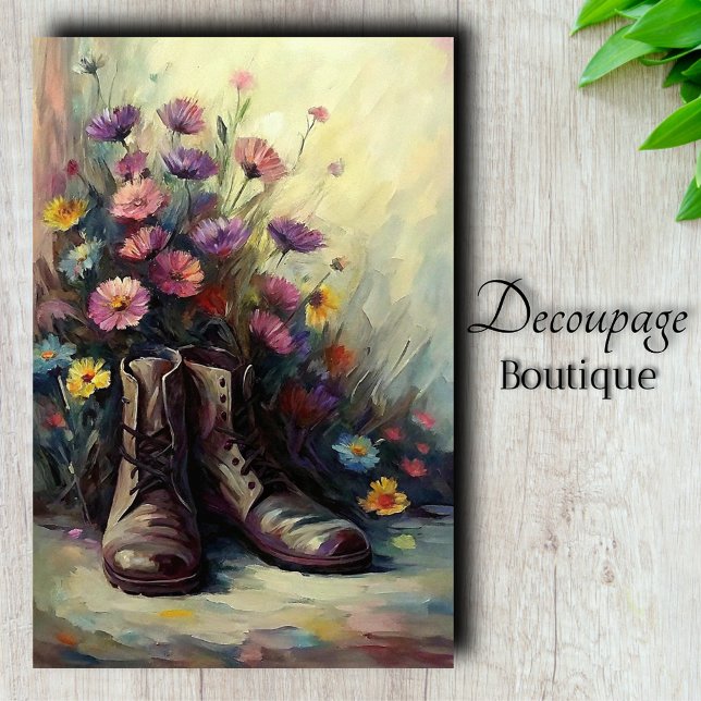 Vintage Garden Boot & Wildflowers Decoupage  Tissue Paper (Vintage Garden Boot & Wildflowers Decoupage Tissue Paper)