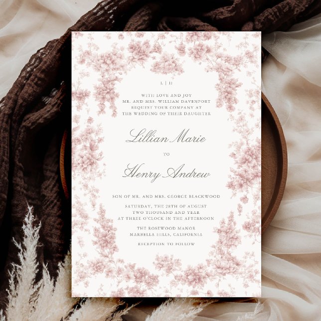 Vintage Garden Chateau Pink Toile Classic Wedding Invitation (vintage garden wedding invitation dusty pink toile french floral romantic old money formal tradition)