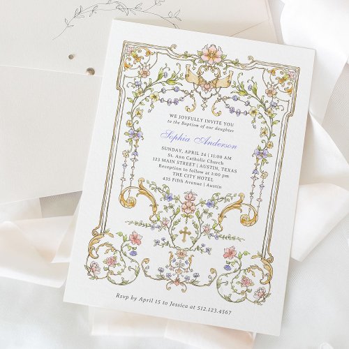 Vintage Garden  Colorful Elegant Baptism Invitation