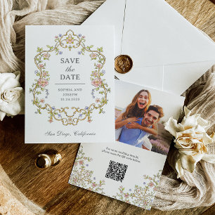 Vintage Garden   Colorful Luxe Photo and QR Code Save The Date