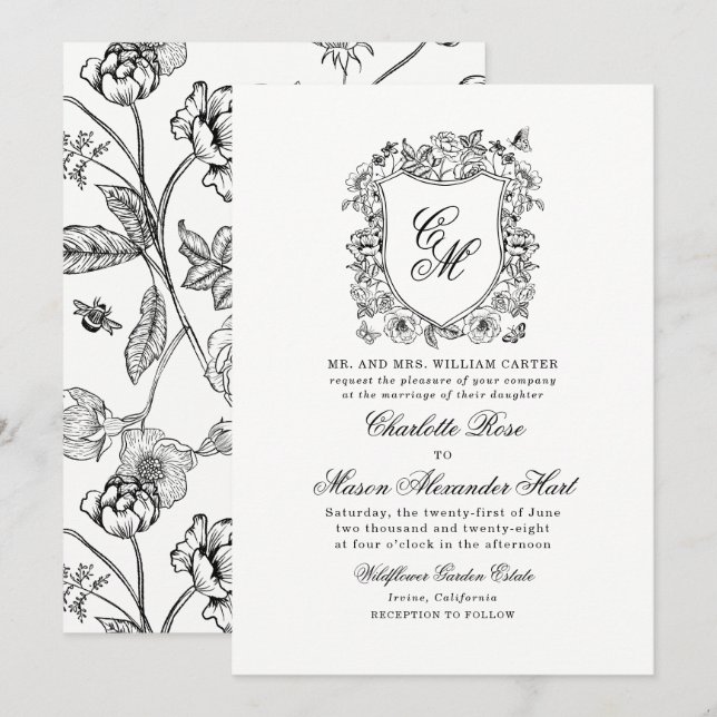 Vintage Garden Crest Black White Invitation (Front/Back)