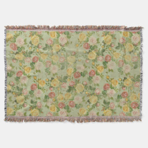 Vintage Garden Floral Rose Pink/Green Country Throw Blanket