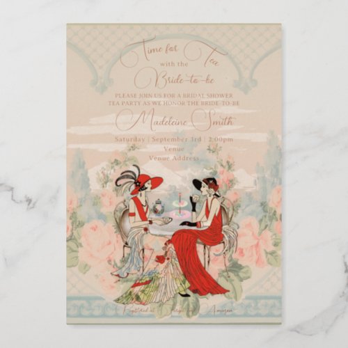 Vintage Garden Floral Time for Tea Bridal Shower Foil Invitation