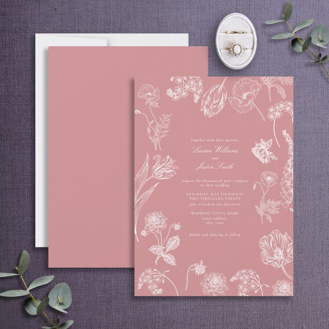 Vintage Garden Flowers Dusty Rose Photo Wedding Invitation (Creator Uploaded)