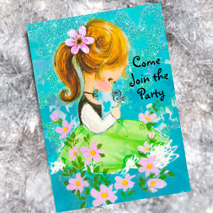 Vintage garden girl Christmas new year greeting Invitation