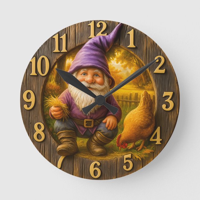 Vintage garden gnome & hen rustic farm round clock (Front)