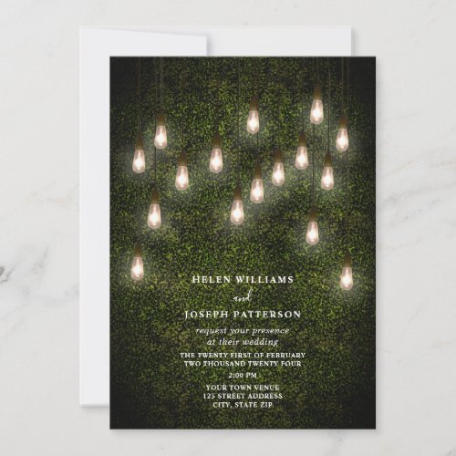 Vintage Garden Lightbulbs Boxwood Greenery Wedding Invitation