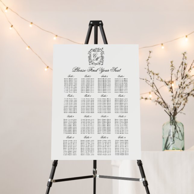 Vintage Garden Monogram Wedding Seating Chart Foam Board (In Situ (Stand))