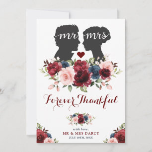 Vintage Garden Navy Maroon Roses Mr Mrs Silhouette Thank You Card