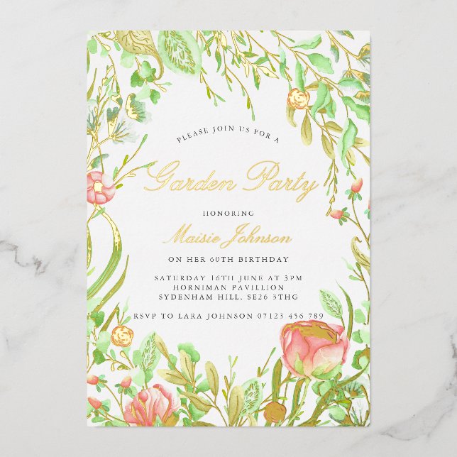 Vintage Garden Party Birthday Invitation Gold Foil Invitation (Front)