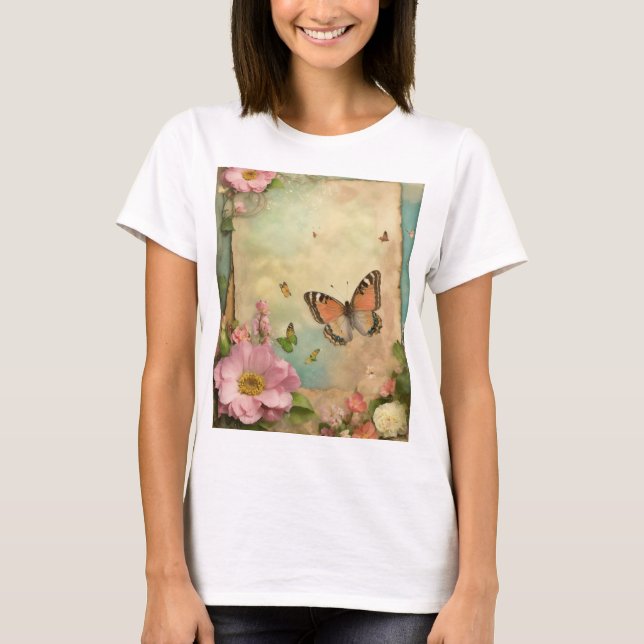 "Vintage Garden Party T-Shirt – Pastel Butterflies (Front)