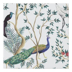 Vintage garden pomegranate fruit tree, exotic bird faux canvas print