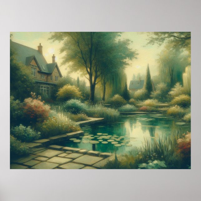 Vintage Garden Pond Green Plants  Poster (Front)