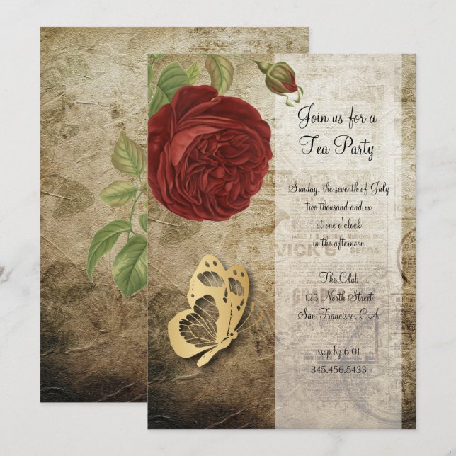 Vintage Garden Red Rose Party | Invitation (Front/Back)