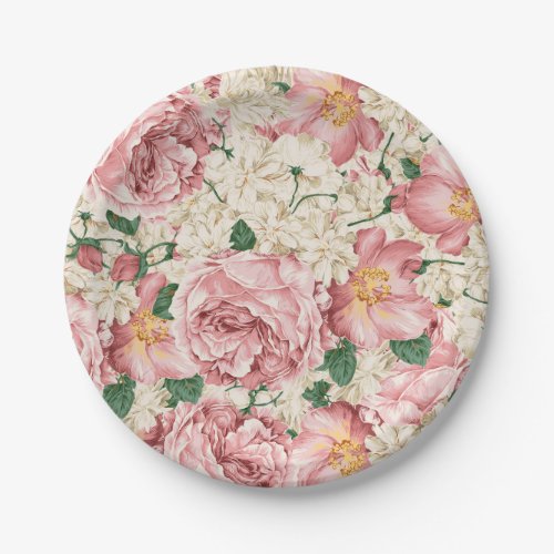 Vintage Garden Roses and Hydrangeas Floral Pattern Paper Plates