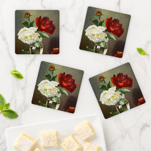 Vintage Garden Roses in a Glass Vase Coaster Set