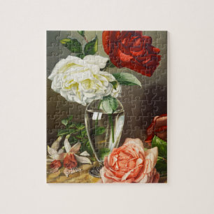 Vintage Garden Roses in a Glass Vase Jigsaw Puzzle
