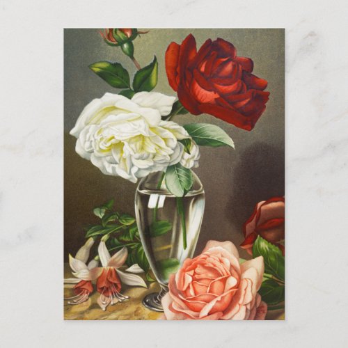 Vintage Garden Roses in a Glass Vase Postcard