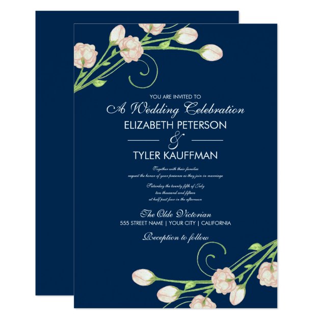 Vintage Garden Roses On Blue - Wedding Invitations