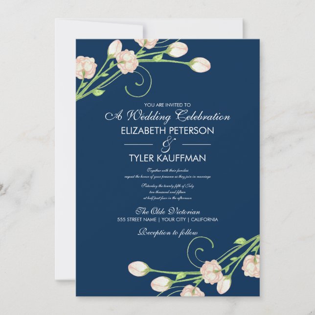 Vintage Garden Roses On Blue - Wedding Invitations (Front)