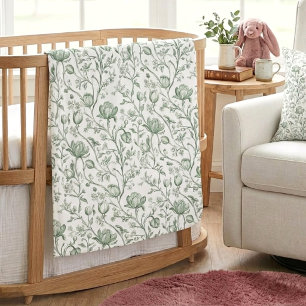 Vintage Garden Sage Green French Floral Toile Baby Blanket