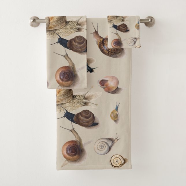Vintage Garden Snails Scientific Illustration Bath Towel Set (Insitu)