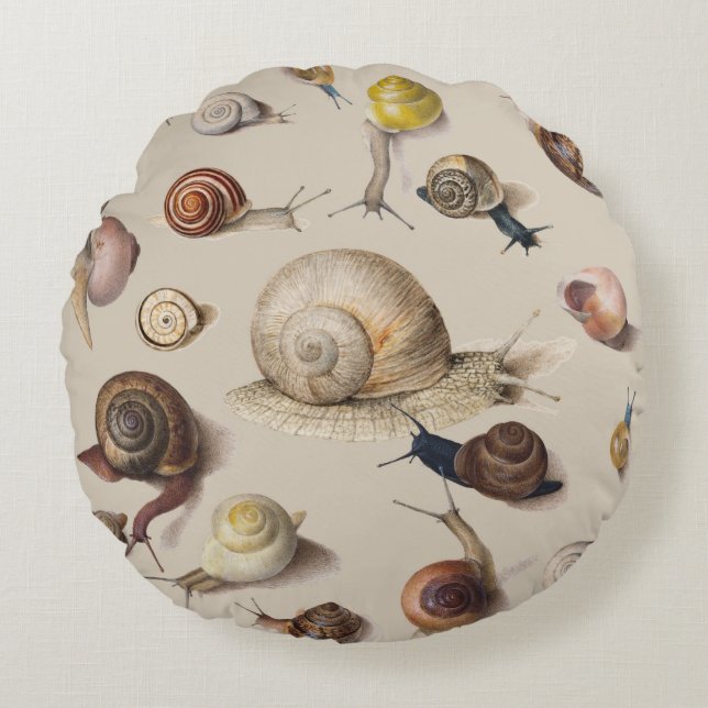 Vintage Garden Snails Scientific Illustration Round Pillow (Front)