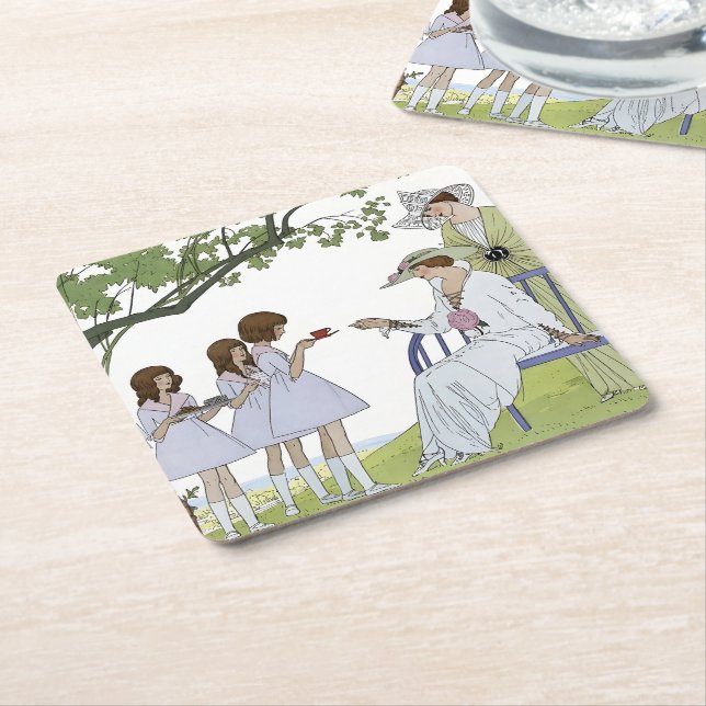 Vintage Garden Tea Party  Square Paper Coaster (Angled)