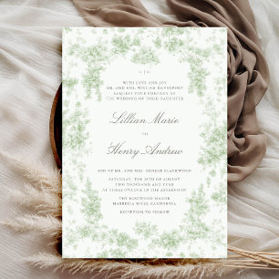 Vintage Garden Toile Sage Green Classic Wedding Invitation