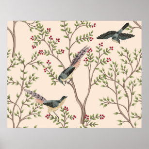 Vintage garden tree, bird floral seamless pattern  poster