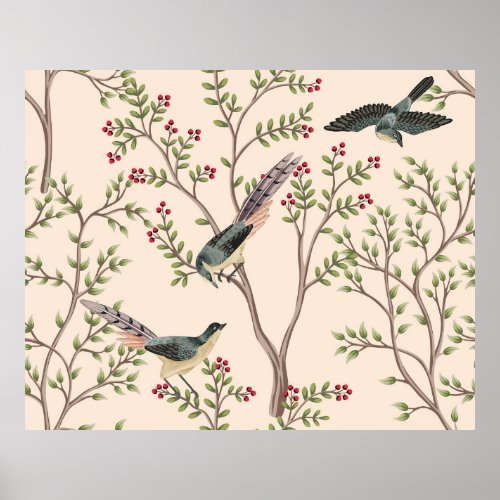 Vintage garden tree bird floral seamless pattern  poster