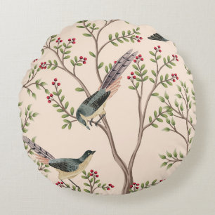 Vintage garden tree, bird floral seamless pattern round pillow