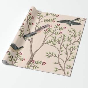 Vintage garden tree, bird floral seamless pattern wrapping paper