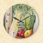 Vintage Garden Vegetable  Large Clock<br><div class="desc">Personalize this kitchen garden themed wall clock with your own name. Created with a richly colored vintage style image of seed catalog vegetables.  Your choice of various styles and sizes. See kitchen towels,  aprons and other items in this same collection.</div>