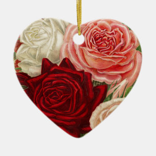 Vintage Gardening Roses Ceramic Heart Ornament