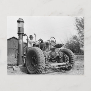 Vintage Gas Pump on the Farm, 1940s Postcard