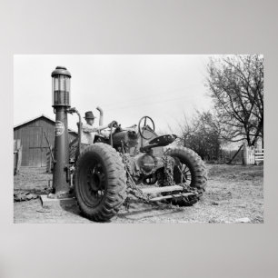 Vintage Gas Pump on the Farm, 1940s Poster