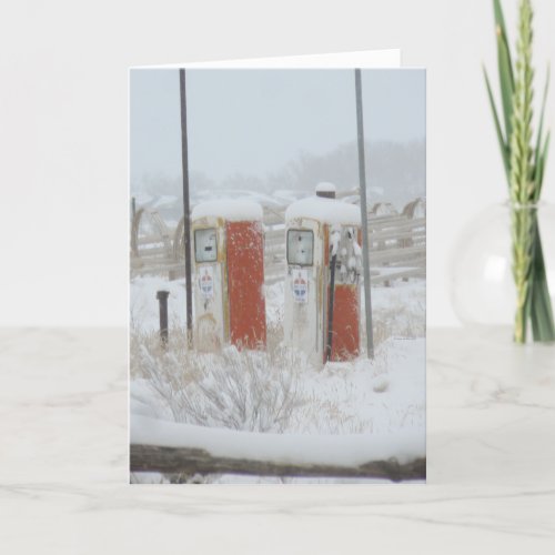 Vintage Gas Pumps In Snowstorm Greeting Cards