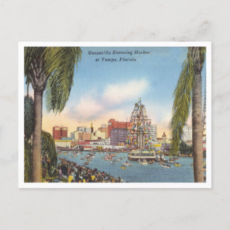Vintage Gasparilla pirate ship entering harbor Postcard
