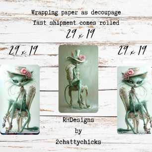 Vintage Gatsby Cats Sage Green Decoupage Wrapping Paper Sheets