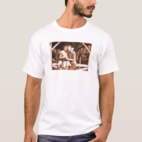 Vintage Gay Couple Hugging Summer Camp Buddies T_Shirt