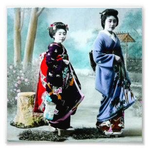 Vintage Geisha and Her Maiko 芸者 舞妓 Old Japan Photo Print