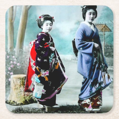 Vintage Geisha and Her Maiko 芸者 舞妓 Old Japan Square Paper Coaster