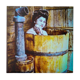 Vintage Geisha Bathing in Wooden Tub in Old Japan Ceramic Tile