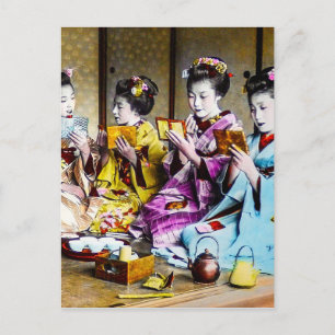 Vintage Geisha Checking Their Makeup at Tea Japan Postcard
